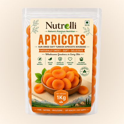 A 1kg package of Nutrelli Sun-Dried Soft Turkish Apricots (Kuhari) in a clear stand-up pouch with a cream-colored label featuring orange apricots and green leaf illustrations.